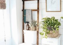 white shiplap wall bathroom ladder over toilet white four drawer shelf with potted plant