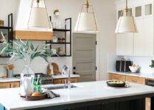 Bright kitchen features a large skylight over a black center island with brass knobs, topped in quartz, a sink with a nickel gooseneck faucet, lit by three brass hanging cage lights.