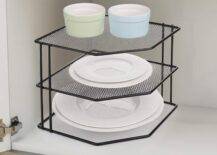 black wire tiered plate shelf corner shelf