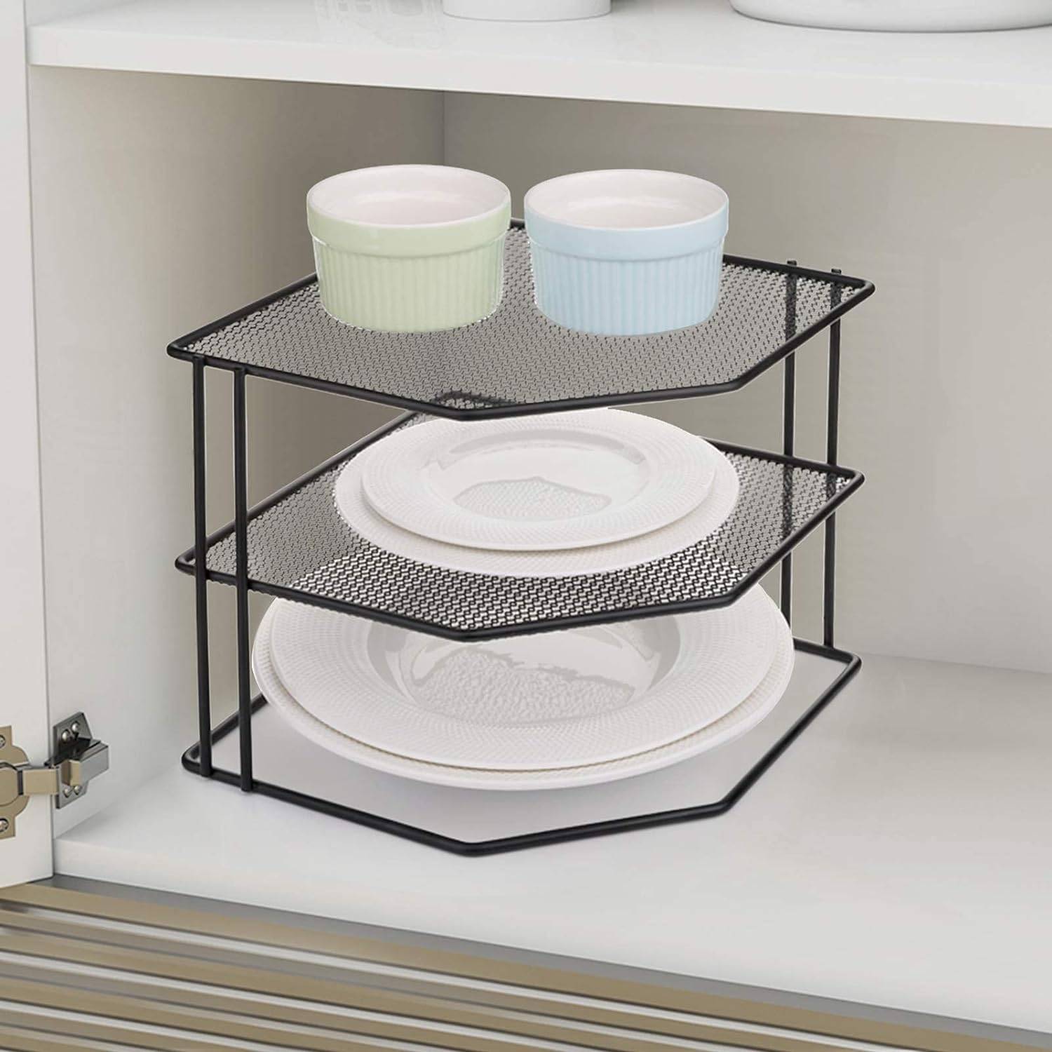 black wire tiered plate shelf corner shelf.