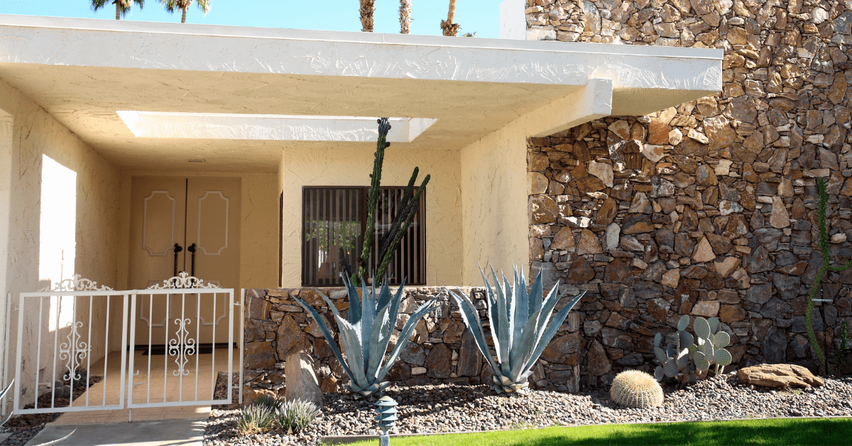 A desert home with xeriscaping front yard.