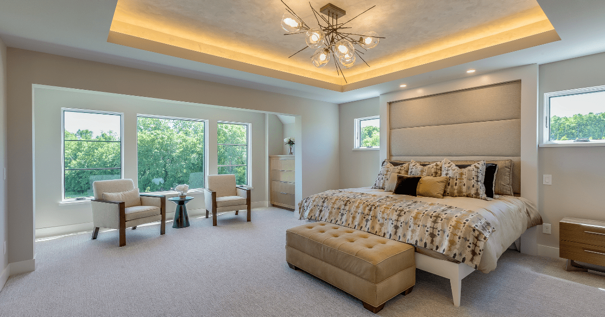 Large master bedroom with great overhead lighting fixture.