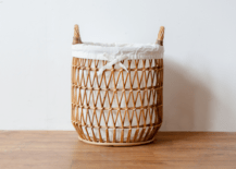 wicker basket on bamboo floor