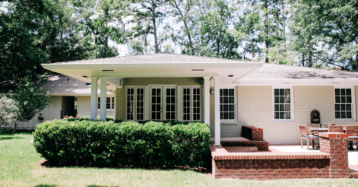 White ranch style house exterior.