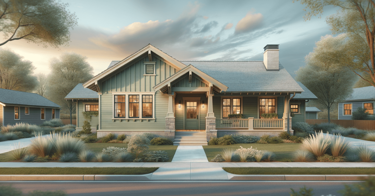 Earthy olive colored ranch style house exterior.