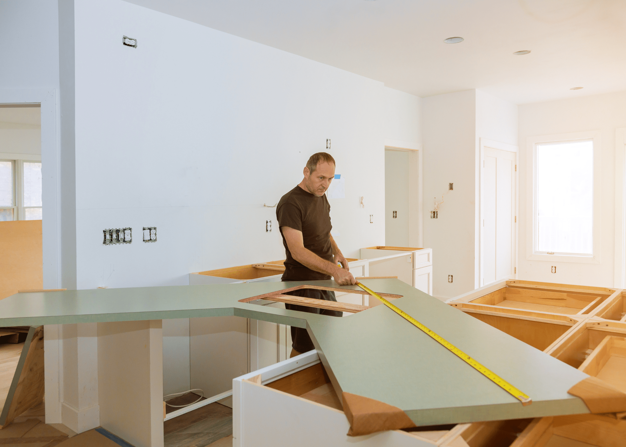 man measuring and installing a laminate countertop