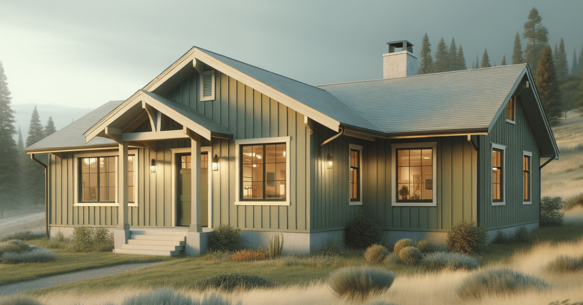 Sage green ranch style home with white chimney.