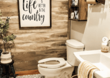 country chic farmhouse bathroom life is better in the country sign toilet painted stencil floor vanity sink tic tac toe toilet paper holder